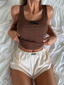 Livesso Women's Bow Decor Tank Top And Shorts Loungewear Set Summer Pajamas - Mocha Brown - View 1