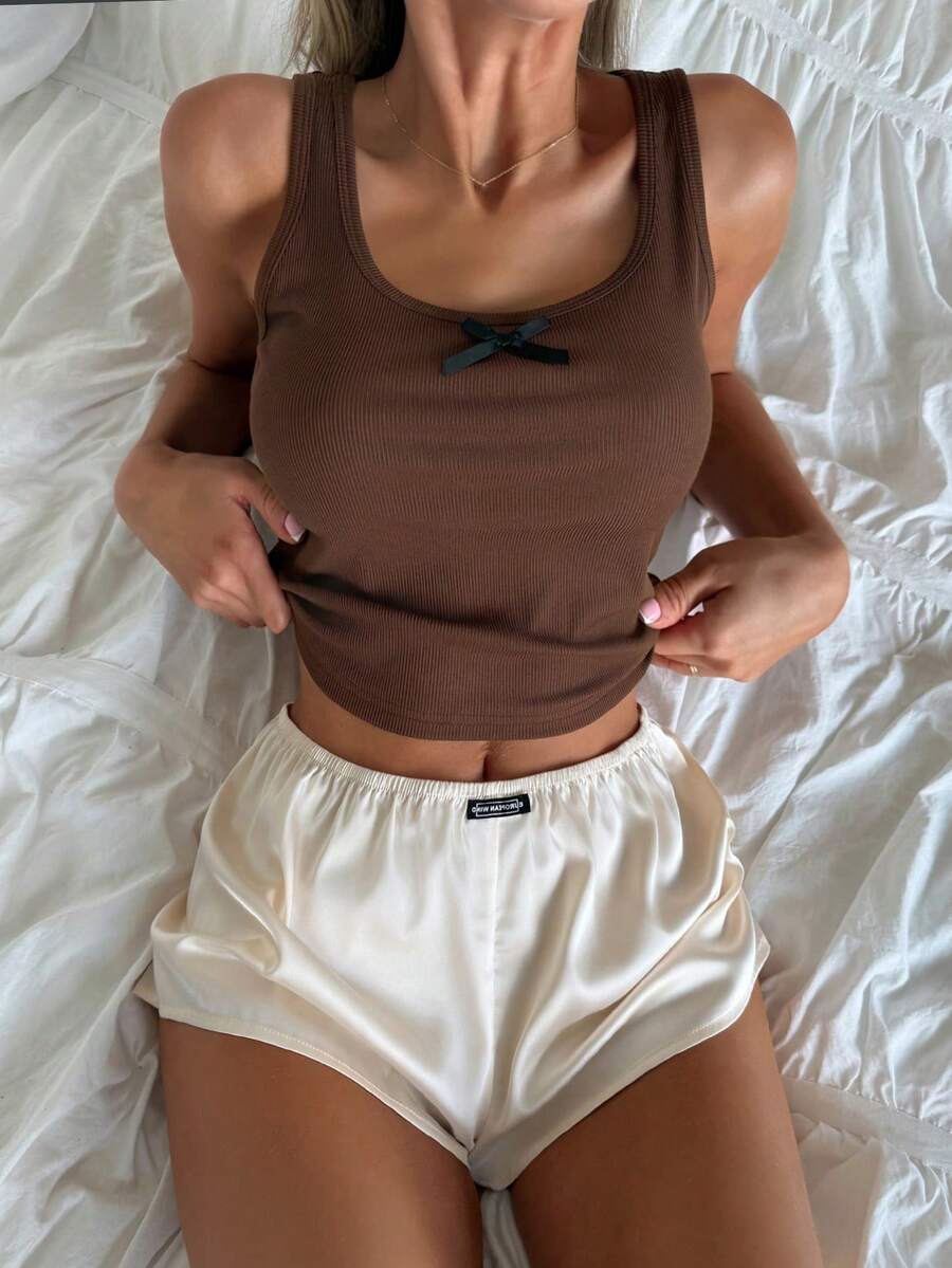 Livesso Women's Bow Decor Tank Top And Shorts Loungewear Set Summer Pajamas - Mocha Brown - View 1