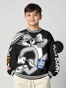 LOONEY TUNES X SHEIN Tween Boy Letter & Cartoon Rabbit Graphic Crew Neck Long Sleeve Drop Shoulder Oversize Sweatshirt Fall Winter - White - View 7