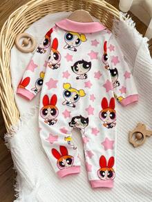 THE POWERPUFF GIRLS X SHEIN 女婴可爱卡通星星印花长袖连体衣，秋季款 - 白色 - 查看 2