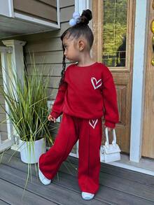 SHEIN Young Girl Knit Solid Color Heart Pattern Crew Neck Sweatshirt And Long Pants 2pcs Set - Red - View 4