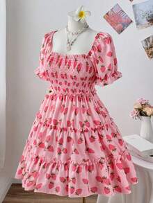Flirla Plus Size Diamond Neck Pattern Strawberry Print Splice Ruffles Summer Short Sleeve Women Casual Dress - Multicolor - View 5