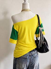 Lalippa Yellow & Green Color Block 23 Print Asymmetric Neck Short Sleeve T-Shirt - Black - View 2