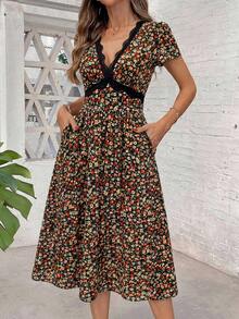 SHEIN Clasi 女款V領蕾絲拼接百褶休閒派對中長洋裝 - 彩色 - 查看 6