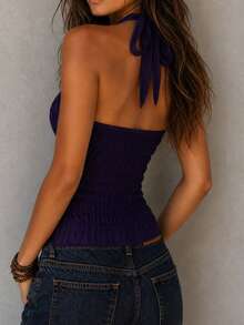 Solivie Women's Solid Color Pleated Halter Neck Fitted Versatile Daily Outing Top - Purple - View 2