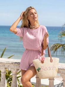 Sylviya Casual Tropical Women's Vacation Summer Pink And White Striped 3/4 Sleeve Commute Beach Holiday Outing Shorts 2 Pieces Outfits Fall Clothes - Multicolor - View 1