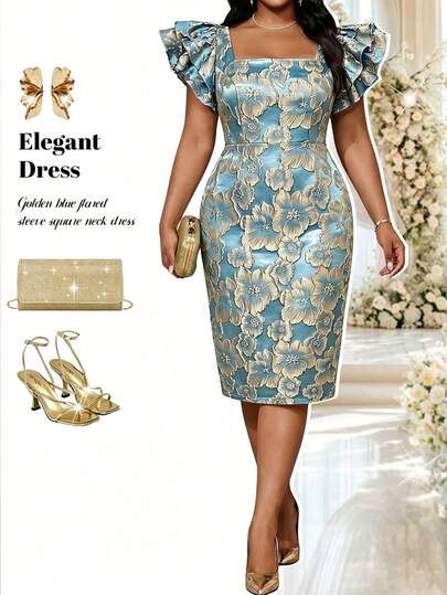 Fleurora Women's Floral Print Metal Texture Square Neck Ruffle Sleeve Dress
