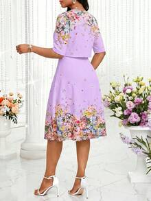 SHEIN Lady 女款優雅印花兩件套短夾克與寬肩帶洋裝，適合新娘母親、訂婚、婚禮，薰衣草色，夏季款 - 紫色 - 查看 2