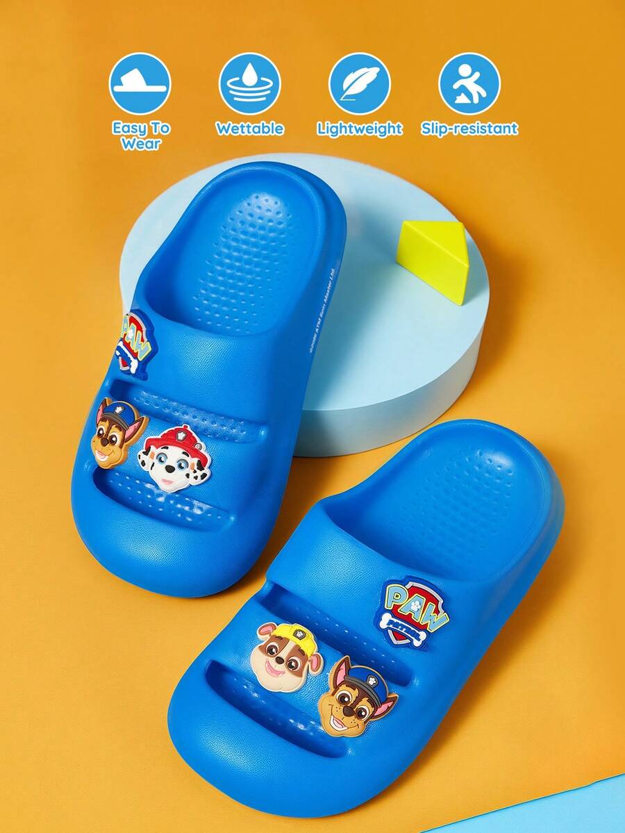 SHEIN | PAW Patrol 藍色卡通男孩拖鞋,EVA輕量材質,腳趾保護,適合室內、淋浴或海灘使用,幼兒和兒童尺寸,夏季服裝,春季服裝,海灘,度假 - 藍色 - 查看 1