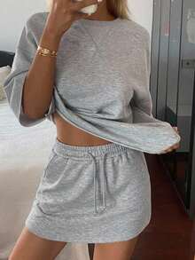 Livesso Women's Solid Color Round Neck Top And Drawstring Waist Mini Skirt Casual Daily 2-Piece Set - Grey - View 1