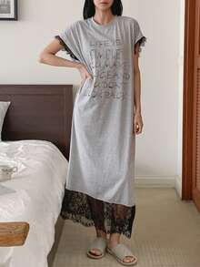 DAZY Lace Patchwork Loose Short Sleeve T-Shirt Dress, Long Casual Dress For Women Summer Pajamas - Light Grey - View 7