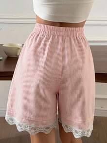 DAZY Women's Summer Pinstripe Pleated Lace Trim Short Pajama Pants - Pink - View 2