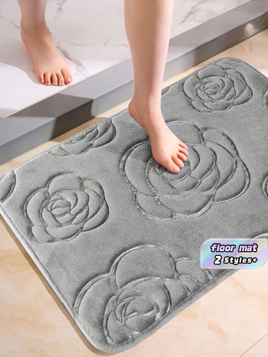 1PC Grey Flannel Rose Printed Floor Mat, Daily Life Floor Mat, Valentine's Day Floor Mat - Grey - View 1