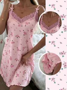 CottageSlumber Camisón de mujer de punto acanalado con ribete de encaje floral romántico y patchwork - Rosa - Ver 2