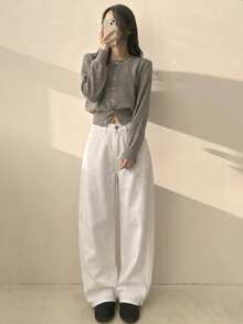DAZY Solid Color Loose Button Decor Cuffed Hem Straight Leg Jeans - White - View 8