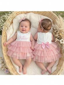 Loomiva Newborn Baby Girl Knitted Top Multi-Layer Front Print Pink Tulle Hem Cake Skirt Bow Dress Cute Summer White Embroidery Sleeveless Ruffle Dress Back Invisible Zipper Comfortable - Pink - View 1