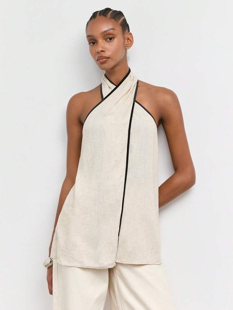 SHEIN Maija Black And White Contrast Color Women's Vacation Criss-Cross Halter Neck Tank Top Summer