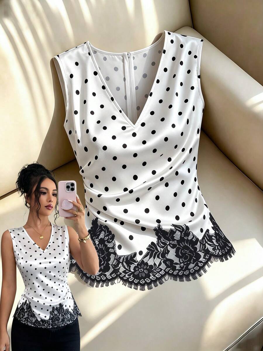 Elenzga V-Neck Polka Dot Tank Top Women's V-Neck Sleeveless Top, Waist Ruched, Polka Dot Pattern, Asymmetric Lace Spliced Hem, French Elegant Casual Style, Versatile For Daily Outdoor Commute - Black and White - View 1