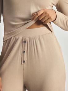 Ocili Women Solid Color Long Sleeve Top And Pants Pajama Set - Khaki - View 6