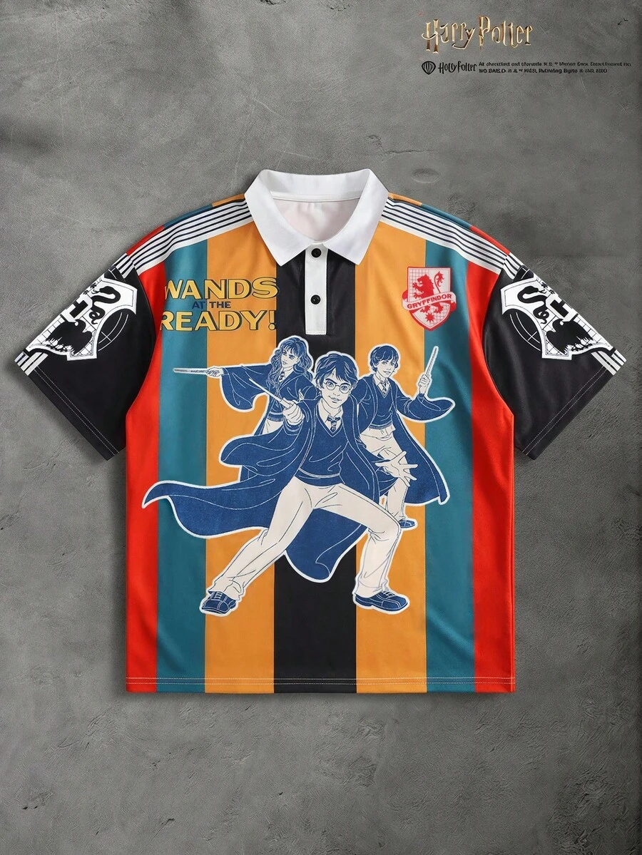HARRY POTTER X SHEIN PAVTROS 男士街頭運動風學院風拼色條紋 Polo 衫,90 年代復古球衣,主題印花,復古校園通勤,日常出遊,街頭運動,節日禮物 - 彩色 - 查看 1