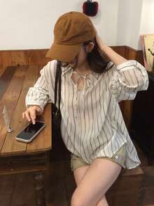 DAZY Women's Striped Elegant Spring/Summer Airy Versatile Long Sleeve Shirt - Apricot - View 7