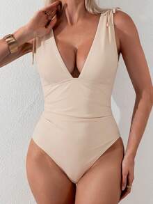 Swim Vcay 女款一件式抽繩深V領無鋼圈比基尼泳衣 - 米色 - 查看 6