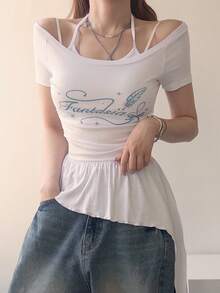 DAZY Women's Korean Style Casual Camisole Short Sleeve T-Shirt For Spring And Summer - White - View 8
