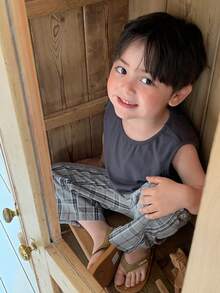 DAZY 嬰兒/幼兒（男童）圓領素色休閒T恤與格紋長褲2件套 夏季 - 灰色 - 查看 6