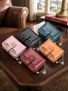 Muroi Mono 1Pc Zipper Coin Purse, Retro Oil-Wax Leather With Clover Chain Charm, Multi Card Slots, Lightweight Storage For Daily Errands. - Multicolor - View 6