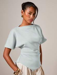 COSMINA Women's All-Season Commute Elegant Ruched Round Neck T-Shirt - Green - View 4