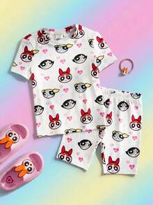 THE POWERPUFF GIRLS X SHEIN 女童爱心印花圆领短袖上衣和紧身短裤睡衣套装 - 白色 - 查看 1