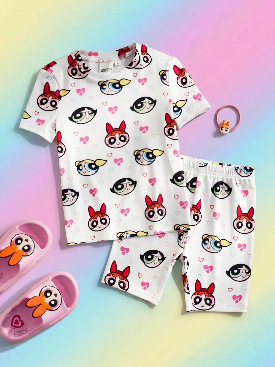 THE POWERPUFF GIRLS X SHEIN 女童爱心印花圆领短袖上衣和紧身短裤睡衣套装 - 白色 - 查看 1