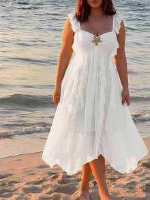 SHEIN MOD Vestido Maxi de Talla Grande con Decoración de Estrella de Mar de Metal, Bajo con Volantes y Gasa - Blanco - Ver 1