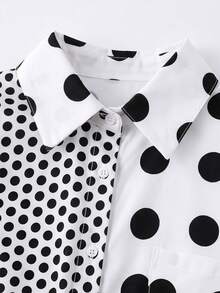 SHEIN Plus Size Women's Casual Loose Fit Large & Small Polka Dot Patchwork Design Asymmetrical Hem Long Sleeve Shirt - Black and White - View 4