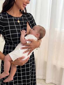 MaterniWear Maternity Grid Print Flare Hem Nursing Dress - Black and White - View 2