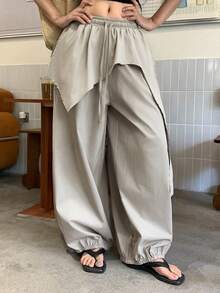 DAZY Damen-Rock mit elastischem Bund und Kordelzug, locker geschnitten, Patchwork, urban, lässig, dezent, Downtown-Stil, für Urlaub in Thailand, Grau, Herbst, Laternenhose, süße Oberteile - Grau - Übersicht 3