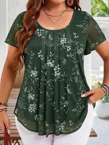 EMERY ROSE Plus Size Women's Summer Elegant Dark Green Floral Print Tunic Blouse,Short Sleeve Casual Top For Wedding Guest,Holiday,Vacation & Everyday Wear - Green - View 1