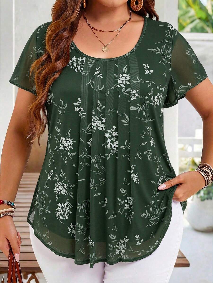 EMERY ROSE Plus Size Women's Summer Elegant Dark Green Floral Print Tunic Blouse,Short Sleeve Casual Top For Wedding Guest,Holiday,Vacation & Everyday Wear - Green - View 1