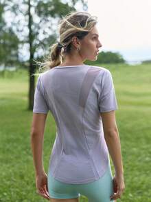 In My Nature Women's Mesh Patchwork Casual Versatile Daily Outdoor Short Sleeve T-Shirt - Mauve Purple - View 1