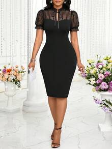 SHEIN Lady 女款法式性感蕾絲拼接綁帶露背開衩貼身洋裝 - 黑色 - 查看 4