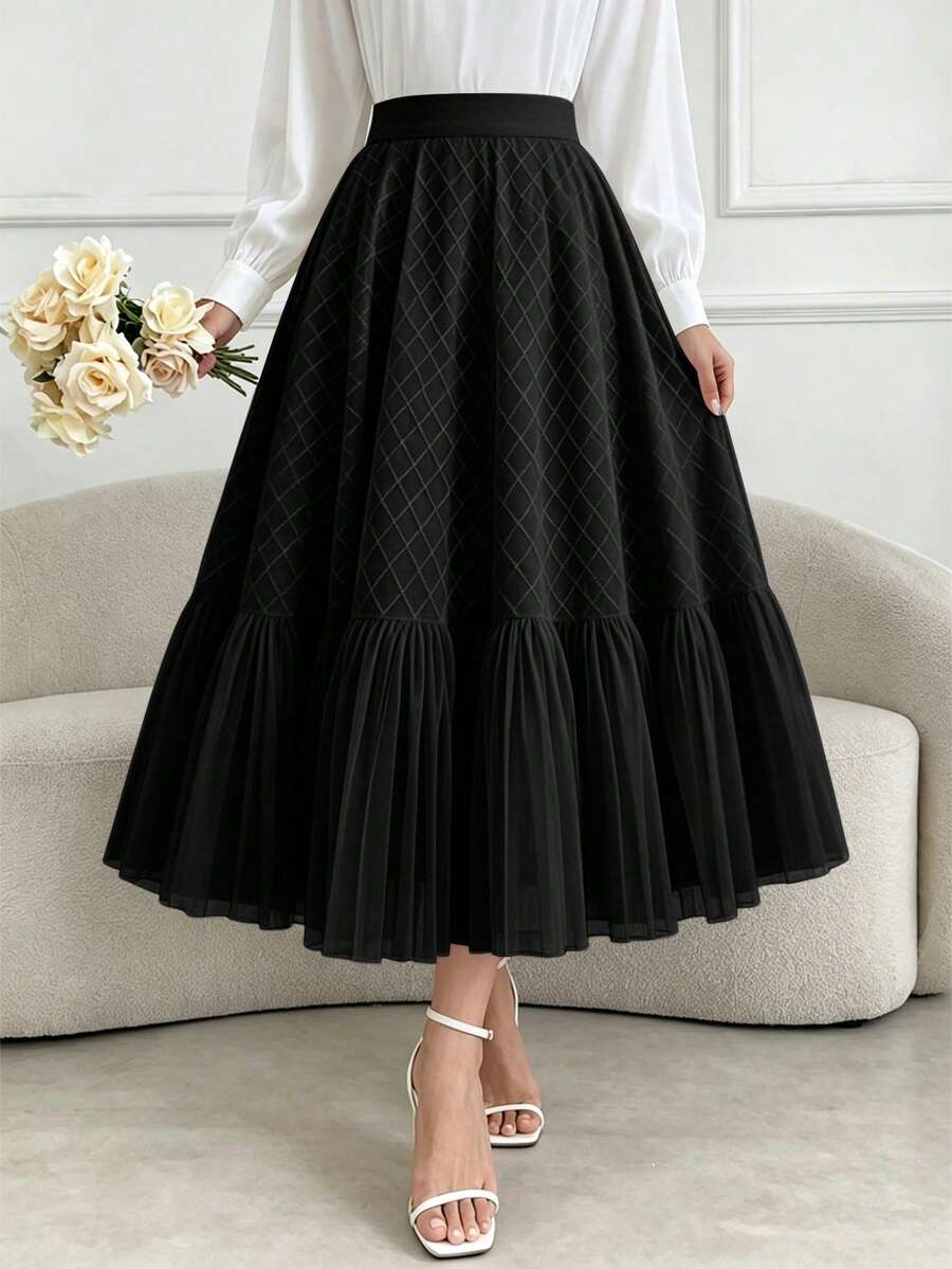 SHEIN Women's Fashionable Elegant Commuter Versatile Chiffon Patchwork A-Line Pleated Skirt, Summer - Black - View 1