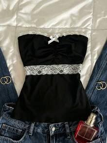 IslaSuriya Women's Lace Patchwork Bow Ruched Bandeau Top - Black - View 1