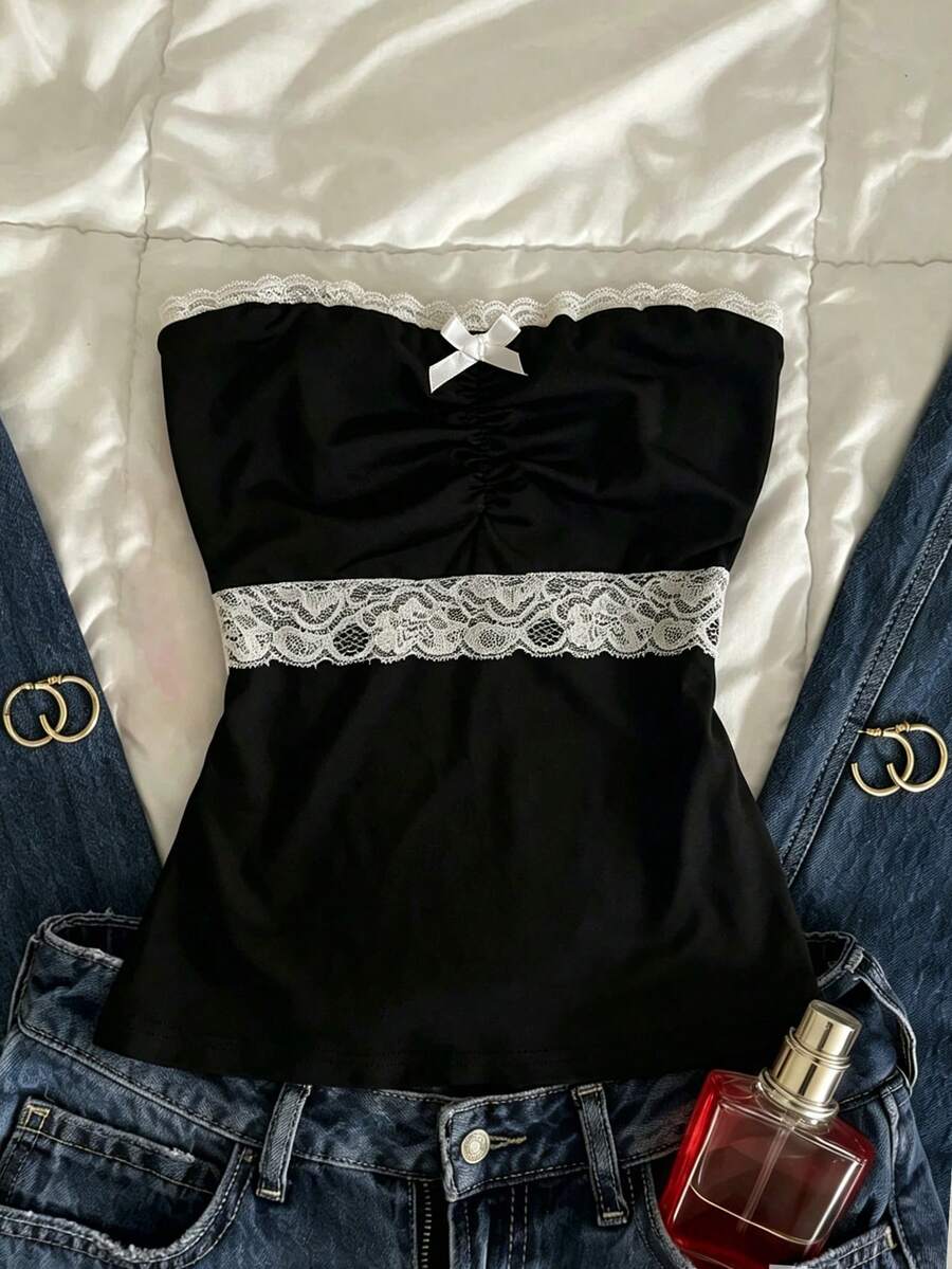 IslaSuriya Women's Lace Patchwork Bow Ruched Bandeau Top - Black - View 1