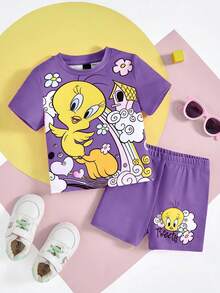 LOONEY TUNES X SHEIN 女婴卡通崔弟和彩虹印花可爱休闲粉色短袖T恤和短裤套装 - 紫色 - 查看 9
