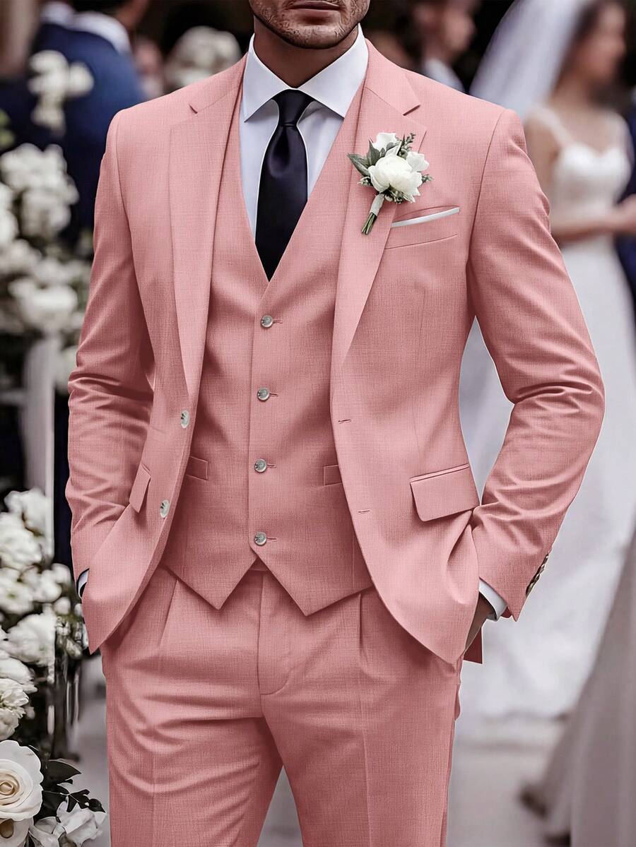 Manfinity Mode Men's Business Casual Long Sleeve Button-Up Blazer And Casual Pocket Trousers Suit Set, Formal - Pink - View 1