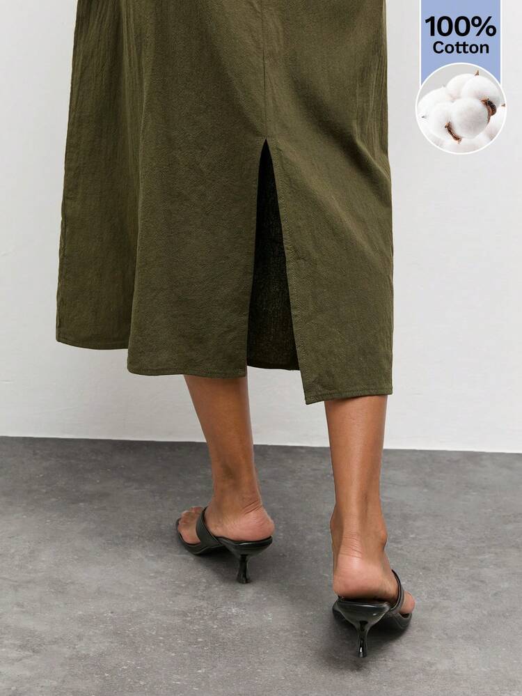 SHEIN Maija Army Green Women's Long Dress With Twisted Back Design