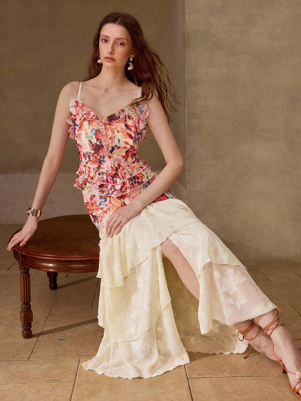 FLORAL PRINT COLORBLOCK CUTOUT MULTI-TIERED RUFFLE HEM CAMI DRESS