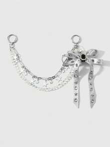 ROMWE Goth 1 Y2k Retro Punk Silver Leather Rivet Bow Star Imitation Crystal Beaded Chain DIY Bag Pendant Keychain, Daily Wear By Girls And Ladies - Silver - View 13