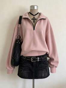 Lalippa Pink Stand Collar Half-Zip Loose Casual Women's Sweatshirt - Multicolor - View 1