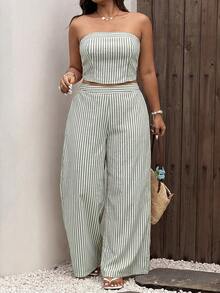 Sunnyshic Conjunto casual de dos piezas para mujer talla grande con top bandeau a rayas y pantalones de pierna ancha - Verde - Ver 1